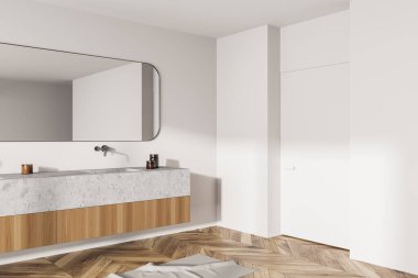 Lavabolu banyo, hafif ahşap dizayn ve parke zemin. Uzun aynalı, jöleli ve sabunlu modern banyo odası. Ayak havlusu ve giriş kapısı, 3D görüntüleme