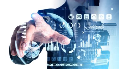 İşadamı parmak dokunuşu Hud, borsa değişiklikleri olan sanal ekran, iş dünyası bar çizelgesi. Çizgilere, pasta grafiklerine ve grafiklere çift pozlama. Çevrimiçi ticaret kavramı