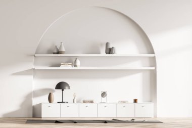 Modern oturma odası içi kitaplık, kemer, tuvalet, lamba dolu. Ev kavramı. İnsan yok. 3d oluşturma.