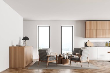 Parlak ve beyaz modern mutfak odasının şık bir iç mekanı. Koltuklar oturma odasının açık alanı. 3d oluşturma