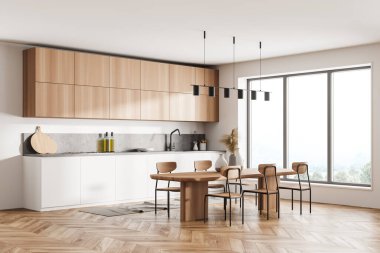 Yemek masası ve sandalyeleri olan parlak ve beyaz bir mutfak odası. Açık alan. Manzaralı büyük bir pencere. 3d oluşturma