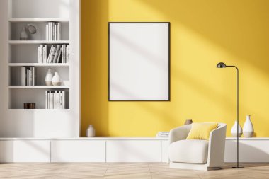 Boş çerçeve posteri oturma odasının iç duvarında kütüphane ve koltuk ile maket yapıyor. Okuma kavramı. 3B görüntüleme.