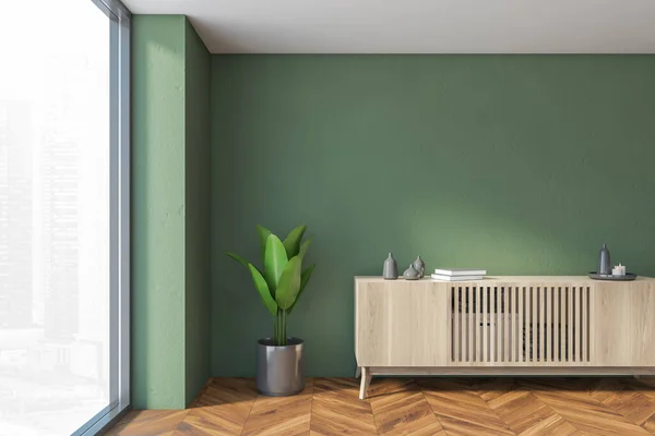 Innenarchitektur Des Luxuriösen Wohnzimmers Mit Stilvoller Kommode Grüne Leere Wände — Stockfoto