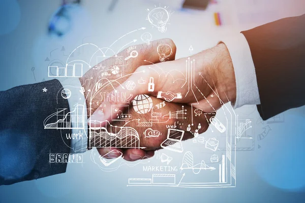 Businessmen shaking hands, double exposure with business strategy plan, drawing with graph changes and digital network icons. Concept of teamwork, deal and signing of contract