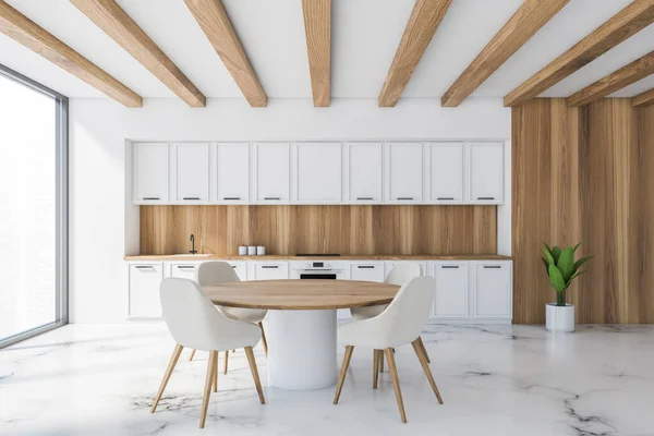 Elegante Sala Cozinha Interior Com Mesa Jantar Cadeiras Janela Panorâmica — Fotografia de Stock