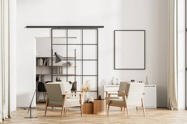 White and wooden living room interior with vintage armchairs, drawer and coffee table with decoration, bookshelf on parquet floor. Blank poster mock up on wall, 3D rendering