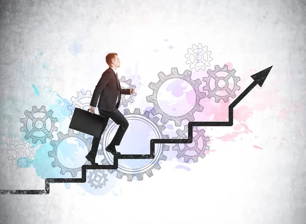 Confident Young Businessman Wearing Formal Suit Walking Upstairs Ladder Surrounded — Stock Photo, Image