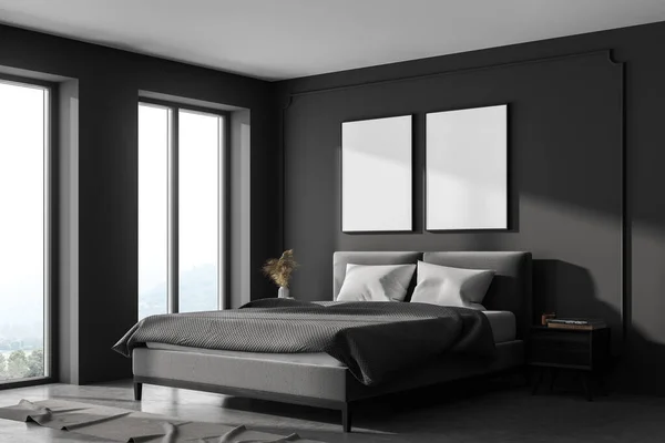 Dark Bedroom Interior Bed Pillows Side View Window Countryside View — Stock Photo, Image