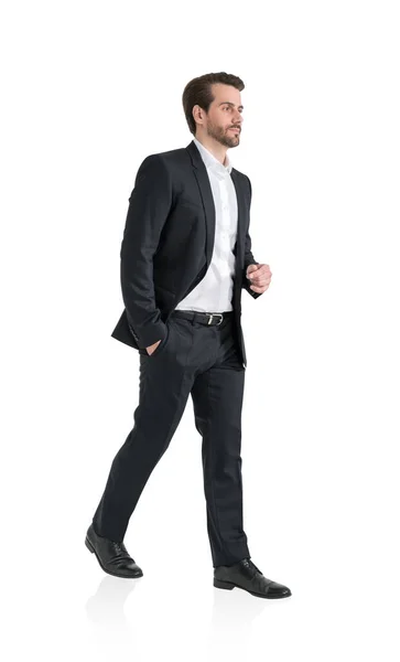 Junger Büromann Schwarzen Anzug Bart Und Selbstbewusster Blick Isoliert Vor — Stockfoto