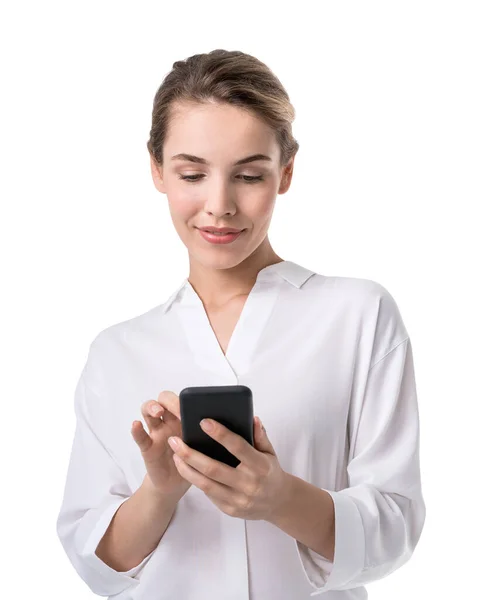 Büroblonde Frau Weißem Hemd Businesskleidung Smartphone Der Hand Lächelnd Konzept — Stockfoto