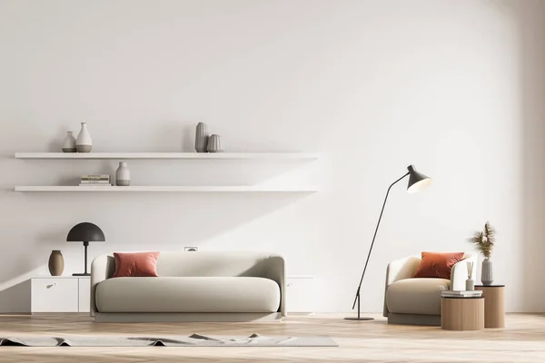 Modernes Wohnzimmer Mit Sessel Sofa Und Kommode Lampe Bücherregale Mit — Stockfoto