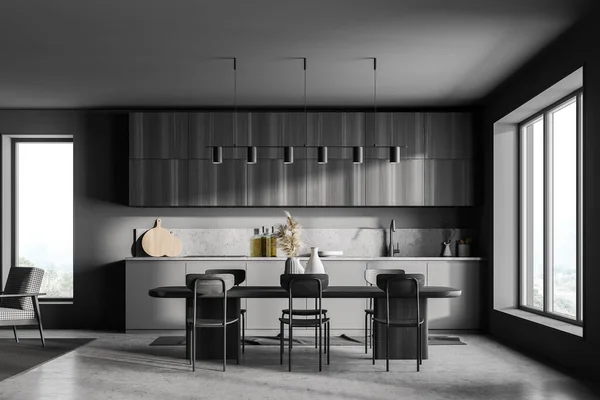 Interior Elegante Sala Cozinha Moderna Cinza Escuro Com Mesa Jantar — Fotografia de Stock