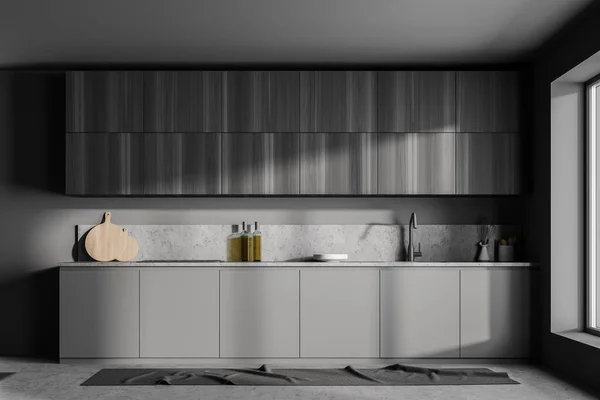 Elegante Interior Sala Cocina Moderna Gris Oscuro Piso Hormigón Renderizado —  Fotos de Stock