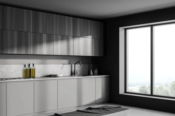 Stylish Interior Dark Grey Modern Kitchen Room Concrete Floor Rendering — Stock Photo, Image