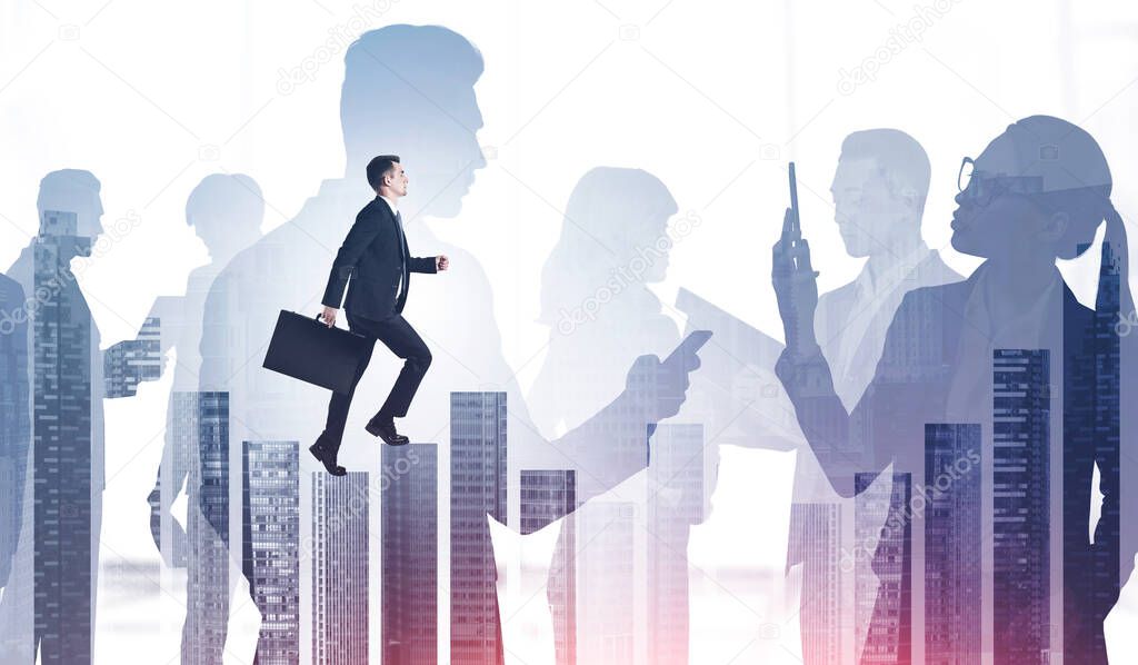 Group of business people communicate with each other, cooperate and work together. Businessman is walking over the city skyscraper. Concept of teamwork and cooperation in corporate between colleagues