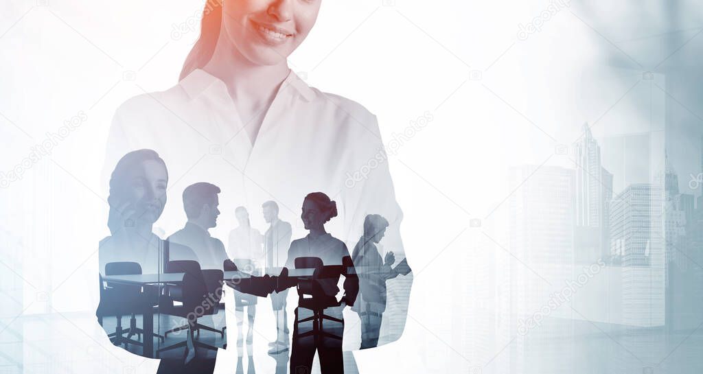 Office woman standing with arms crossed, silhouettes of diverse business people working together, blurred background of skyscrapers and conference room. Concept of international communication