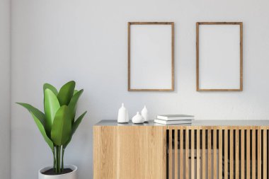 Lüks oturma odasının iç tasarımı ve şık bir dolabı var. Beyaz duvar iki afiş. Modern ev dekorasyonu. Uzayı kopyala 3d oluşturma.