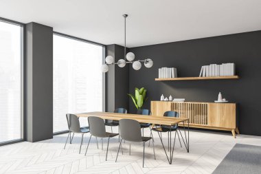 Şık tuvalet masası ve mobilyaları olan lüks oturma odasının iç tasarımı. Kitap rafı olan koyu gri bir duvar. Modern ev dekorasyonu. Panoramik pencere. 3d oluşturma.