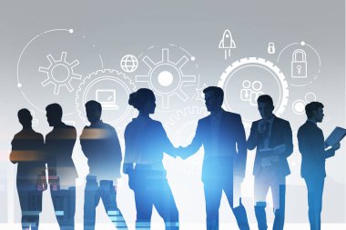 Bir grup iş adamı yeni bir fintech projesi başlatmak için birlikte çalışıyorlar. Çarklı, roketli, asma kilitli ve sosyal medya simgeleriyle işgücü çizimi.