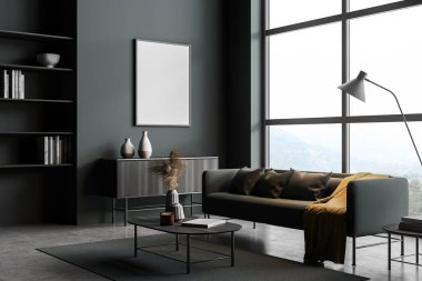 Kanepe ve lambalı modern oturma odası, kitaplık rafı ve dekorasyonlu çekmece, beton zeminde minimalist okuma odası, kırsal pencereli. Boşluk çerçevesini kopyala, 3B oluşturma