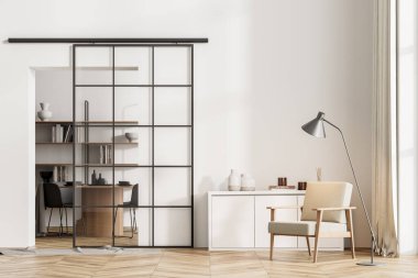 İçinde lamba bulunan klasik koltuk, dekorasyonlu çekmece, arka planda mobilyalar olan kitaplık, ahşap zeminde minimalist okuma odası olan açık renk oturma odası. 3B görüntüleme
