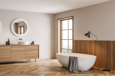 Beyaz ve ahşap banyo. Havlu, lavabo ve çekmeceli. Yuvarlak aynalı. Taşralı modern iç mekan ve pencere, 3D, kimseyi göstermiyor