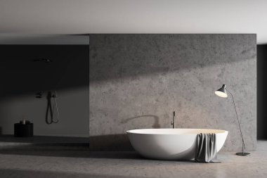 Beyaz küvet ve havluyla gri banyo, beton zemin ve minimalist duş. Modern içmimari ve model kopyalama alanı, 3B görüntüleme