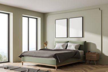 Ahşap yatak odası, yatak ve yastıklar, yan manzara, kırsal manzaralı pencere. Parke zeminde halı, sehpalarda dekor. İki model galeri tuvali kopyalama alanı, 3 boyutlu görüntüleme