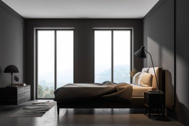 İçinde yatak ve yastıklar, gri beton döşemeler ve çekmeceli ve dekorasyonlu kahve masası olan koyu renk bir yatak odası. Mobilyaları şık, camları kırsal, 3 boyutlu.