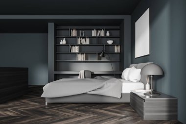 Koyu renk yatak odası, gri yatak odası, kahverengi parke döşeme, masa, kitaplar ve lamba, yan görüş. Uyuma odasındaki boşluğu kopyala, 3 boyutlu görüntüleme