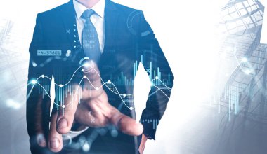 İşadamı parmak dokunuşu Hud, borsa değişiklikleri ya da finansal veriler içeren sanal ekran, iş grafiği çizelgesi. Mavi ve beyaz çizgiler, artan rakamlar, teknoloji çevrimiçi ticaret