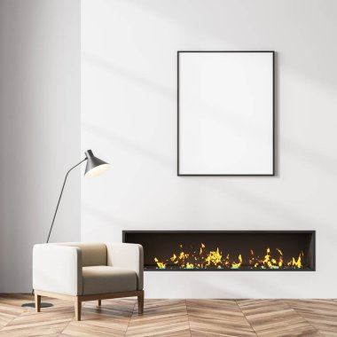 Oturma odasının içinde şömine, duvarında beyaz boş bir poster, rahat bir koltuk, meşe ağacından parke zemin. Buluşma için rahat yer kavramı. Model