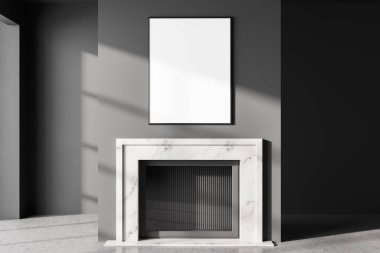 Karanlık oturma odası, mermer şömine, gri beton zemin. Minimalist stil odasında boş duvar pankartı çerçevesi, 3D görüntüleme