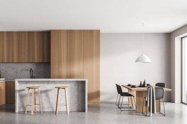 Ahşap mutfak odası. Yemek masası, bar sandalyeleri, gri zemin. Pencereli mutfak seti, lambalı ve çanaklı minimalist mobilyalar, 3D görüntüleme.