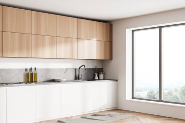 Parlak ve beyaz modern mutfak odasının şık bir iç mekanı. Parke ahşap zemin. 3d oluşturma