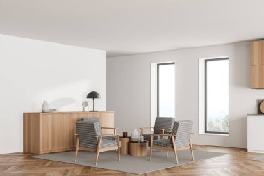 Parlak ve beyaz modern mutfak odasının şık bir iç mekanı. Koltuklar oturma odasının açık alanı. 3d oluşturma