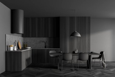 Gri mutfak odası, yemek masası, siyah sandalyeler, gri ahşap zemin. Mutfak seti minimalist mobilyalar, lamba, tabak ve mutfak gereçleri, 3D