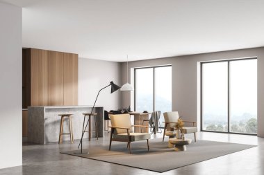 Beyaz mutfak odası içinde iki bej koltuk ve lamba, bar sandalyeli ahşap mutfak seti, pencere kenarındaki yemek masası, halı ve beton döşeme, 3D