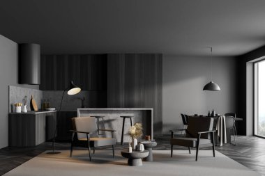 Gri mutfak odası içi iki gri koltuklu mutfak, mutfak takımı mutfak gereçleri, lamba ve pencere kenarındaki sandalyeli yemek masası, gri halı ve parke döşeme, 3D