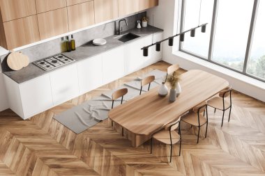 Yemek masası olan beyaz ve parlak modern mutfak odası. Üst Manzara. 3d oluşturma