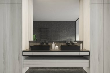 Modern banyo, yeni lüks bir ev. Şık bir otel odası. Açık alan. Ahşap duvarlar beton zemin. Çift lavabo 3d oluşturma.