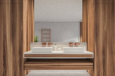 Modern banyo, yeni lüks bir ev. Şık bir otel odası. Açık alan. Ahşap duvarlar beton zemin. Çift lavabo 3d oluşturma.