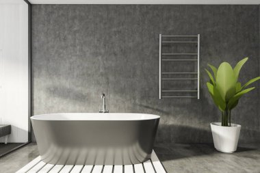 Modern banyo, yeni lüks bir ev. Şık bir otel odası. Açık alan. Taş duvar beton zemin. Siyah küvet. 3d oluşturma.