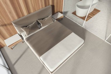 Modern banyo yatak odası. Yeni lüks bir ev. Şık bir otel odası. Açık alan. Ahşap duvarlar beton zemin. Beyaz küvet. Üst Manzara. 3d oluşturma.