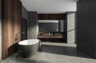 Modern banyo, yeni lüks bir ev. Şık bir otel odası. Açık alan. Beton ahşap duvarlar ve zemin. Küvet ve çift lavabo. Koyu gri kapı. 3d oluşturma.