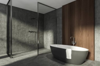 Modern banyo, yeni lüks bir ev. Şık bir otel odası. Açık alan. Beton ahşap duvarlar ve zemin. Küvet ve duş kabini. 3d oluşturma.