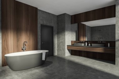 Modern banyo, yeni lüks bir ev. Şık bir otel odası. Açık alan. Beton ahşap duvarlar ve zemin. Küvet ve çift lavabo. Koyu gri kapı. 3d oluşturma.