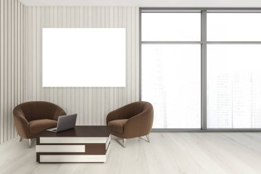 İçi boş bekleme odası. İki koltuk ve masa. Panoramik pencere. Otel toplantı alanı. Duvara afiş asın. 3d oluşturma