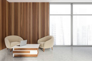 İçi boş bekleme odası. İki koltuk ve masa. Panoramik pencere. Otel toplantı alanı. 3d oluşturma