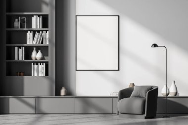 Boş çerçeve posteri oturma odasının iç duvarında kütüphane ve iki koltuk ile maket yapıyor. Okuma kavramı. 3B görüntüleme.